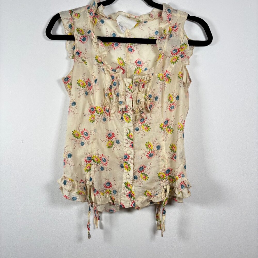 Anna sui Anthropologie Floral Cottagecore Prairie Sleeveless Top Cream Boho Xs - Picture 2 of 8